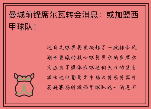 曼城前锋席尔瓦转会消息：或加盟西甲球队！